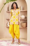 Buy_Papa Don't Preach Pret_Yellow Crepe Print Periwinkle Hearts V Neck Ambre Tunic With Dhoti Pant _at_Aza_Fashions