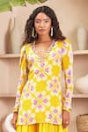 Shop_Papa Don't Preach Pret_Yellow Crepe Print Periwinkle Hearts V Neck Ambre Tunic With Dhoti Pant _at_Aza_Fashions