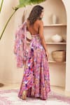 Papa Don't Preach Pret_Purple Crepe Print Jungle Halter Neck Abigail Saree Draped Jumpsuit _Online_at_Aza_Fashions