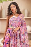 Shop_Papa Don't Preach Pret_Purple Crepe Print Jungle Halter Neck Abigail Saree Draped Jumpsuit _at_Aza_Fashions