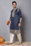 MENERO_Blue Pure Cotton Embroidered Thread Kurta Pant Set _at_Aza_Fashions