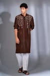 Buy_MENERO_Brown Pure Dupion Silk Embroidery Mirror Floret Kurta With Pant _at_Aza_Fashions