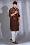 Shop_MENERO_Brown Pure Dupion Silk Embroidery Mirror Floret Kurta With Pant _at_Aza_Fashions