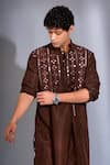 Buy_MENERO_Brown Pure Dupion Silk Embroidery Mirror Floret Kurta With Pant _Online_at_Aza_Fashions