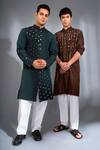 MENERO_Brown Pure Dupion Silk Embroidery Mirror Floret Kurta With Pant _at_Aza_Fashions