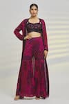 Buy_Samyukta Singhania_Magenta Chinon Crepe Embroidery Cutdana Jacket Geometric Print Sharara Set_at_Aza_Fashions
