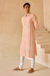 Buy_Twenty Nine_Peach Monga Silk Embroidered Mirror Straight Kurta And Churidar Set _Online_at_Aza_Fashions