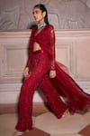 Shop_Ridhima Bhasin_Red Pure Organza Embellished Floral Cutwork Jacket And Flared Pant Set  _Online_at_Aza_Fashions