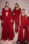 Ridhima Bhasin_Red Net Embroidery Bead Garnet Scallop Peplum Kurta And Sharara Set  _Online_at_Aza_Fashions