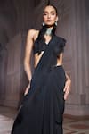 Buy_Ridhima Bhasin_Black Organza, Chiffon Saadirah Scallop Border Pre-draped Saree With Blouse _Online_at_Aza_Fashions