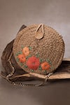 Buy_DHAAGA LIFE_Beige Beads Floral Embroidered Full Moon Jute Clutch Bag _at_Aza_Fashions