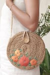 DHAAGA LIFE_Beige Beads Floral Embroidered Full Moon Jute Clutch Bag _at_Aza_Fashions