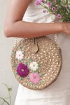 DHAAGA LIFE_Beige Beads Aster Embroidered Full Moon Jute Clutch Bag _Online_at_Aza_Fashions