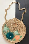 DHAAGA LIFE_Beige Beads Bloom Embroidered Full Moon Jute Clutch Bag _Online_at_Aza_Fashions