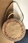 Shop_DHAAGA LIFE_Beige Cowrie Shells Tassels Aztec Full Moon Sun Jute Clutch Bag _at_Aza_Fashions