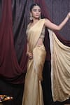 Mirkashi_Beige Blouse Georgette Embellished Printed Pre-draped Saree With _at_Aza_Fashions