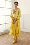 Buy_HOUSE OF PINK_Yellow Kurta Organza Embroidered French Knot V Neck And Sequin Work Pant Set _at_Aza_Fashions