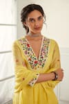 Buy_HOUSE OF PINK_Yellow Kurta Organza Embroidered French Knot V Neck And Sequin Work Pant Set _Online_at_Aza_Fashions