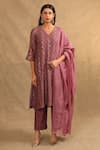 Buy_Trendy tokari_Purple Kurta Silk Tissue Embroidery Resham V Neck Chanderi Sitara Work Set_at_Aza_Fashions
