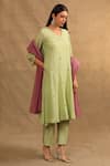 Buy_Trendy tokari_Green Kurta Silk Tissue Embroidery Resham V Neck Zari Work Set _Online_at_Aza_Fashions