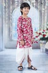 Little Bansi_Maroon Cotton Print Phool Kurta With Dhoti _Online_at_Aza_Fashions