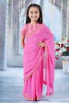 Buy_Little Bansi_Pink Cotton Print Geometric Border Pre-draped Saree With Blouse _at_Aza_Fashions