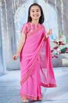 Shop_Little Bansi_Pink Cotton Print Geometric Border Pre-draped Saree With Blouse _Online_at_Aza_Fashions