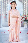 Buy_Little Bansi_Peach Cotton Print Gulbahar Border Pre-draped Saree With Blouse _at_Aza_Fashions