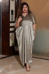 Buy_Ruchira Nangalia_Grey Satin V Neck Cowl Detailing Draped Gown _at_Aza_Fashions