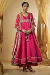 Buy_The Aarya_Pink Pure Chanderi Silk Embroidered Pitta Hand Floral Motif Flared Anarkali Set _at_Aza_Fashions