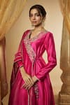 Buy_The Aarya_Pink Pure Chanderi Silk Embroidered Pitta Work V Neck Floral Hand Angarkha Set _Online_at_Aza_Fashions