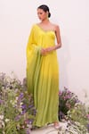 Buy_AMRTA by GUNEET KONDAL_Green Shell- Satin 100% Plain Asymmetric Neck Ombre One Shoulder Kaftan _at_Aza_Fashions