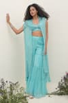 AMRTA by GUNEET KONDAL_Blue Blouse Shell- Silk Hand Embroidery Mirror Blouse Shimmer Cape Sharara Set _Online_at_Aza_Fashions