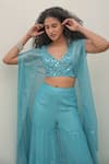 Buy_AMRTA by GUNEET KONDAL_Blue Blouse Shell- Silk Hand Embroidery Mirror Blouse Shimmer Cape Sharara Set _Online_at_Aza_Fashions