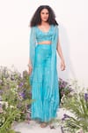 Shop_AMRTA by GUNEET KONDAL_Blue Blouse Shell- Silk Hand Embroidery Mirror Blouse Shimmer Cape Sharara Set _Online_at_Aza_Fashions