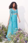 AMRTA by GUNEET KONDAL_Blue Blouse Shell- Silk Hand Embroidery Mirror Blouse Shimmer Cape Sharara Set _at_Aza_Fashions