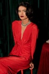 Shop_Nimbu Mirchi_Red Lycra Knitted Crystal Plunge V-neck Embellished Draped Dress _Online_at_Aza_Fashions