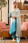 Buy_RoohbyRidhimaa_Blue Organza Embroidered Zari V-neck Idaa Shaded Asymmetric Kurta Pant Set _at_Aza_Fashions