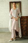 Buy_RoohbyRidhimaa_Pink Organza Embroidered Zari V-neck Mudassar Patchwork Kurta Pant Set_at_Aza_Fashions