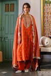 Buy_RoohbyRidhimaa_Orange Viscose Raw Silk Embroidered Zari Round Neck Muktalif Kurta Pant Set _Online_at_Aza_Fashions