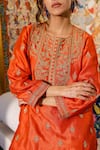 Buy_RoohbyRidhimaa_Orange Viscose Raw Silk Embroidered Zari Round Neck Muktalif Kurta Pant Set 