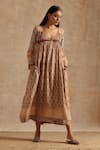 Buy_SAMVRIH_Beige Muslin (60% Viscose Digital Printed Floral Round Dress _at_Aza_Fashions