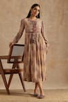 Buy_SAMVRIH_Beige Muslin (60% Viscose Digital Printed Floral Round Pattern Dress _at_Aza_Fashions