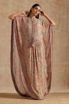 Buy_SAMVRIH_Beige Muslin (60% Viscose Digital Printed Floral High Neck Long Kaftan _at_Aza_Fashions