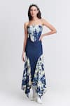 Buy_S&N by Shantnu Nikhil_Blue Denim, Lycra Embroidery Round Neck Abstract Print Corset Top _at_Aza_Fashions