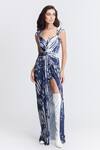 Buy_S&N By Shantnu Nikhil_Blue Polyester, Spandex Sweetheart Neck Stripe Print Draped Gown _at_Aza_Fashions