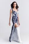 Buy_S&N By Shantnu Nikhil_Blue Polyester, Spandex Sweetheart Neck Stripe Print Draped Gown _Online_at_Aza_Fashions