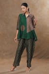 Buy_SHRADDHA RAMBHIA_Green Slub Silk Printed Floral Stripe Collar Shirt And Pant Set _at_Aza_Fashions