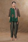 SHRADDHA RAMBHIA_Green Slub Silk Printed Floral Stripe Collar Shirt And Pant Set _Online_at_Aza_Fashions