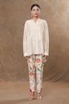 SHRADDHA RAMBHIA_Ivory Slub Silk Printed Floral Mandarin Collar Top And Pant Set _Online_at_Aza_Fashions